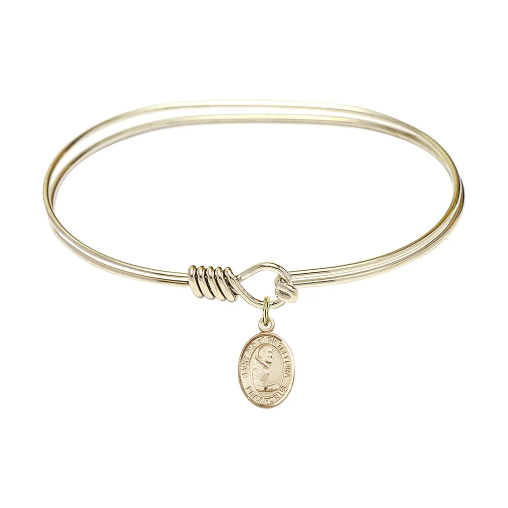 Adult 7" Oval Gold Plated Bangle Bracelet with St. Pio of Pietrelcina Medal Charm