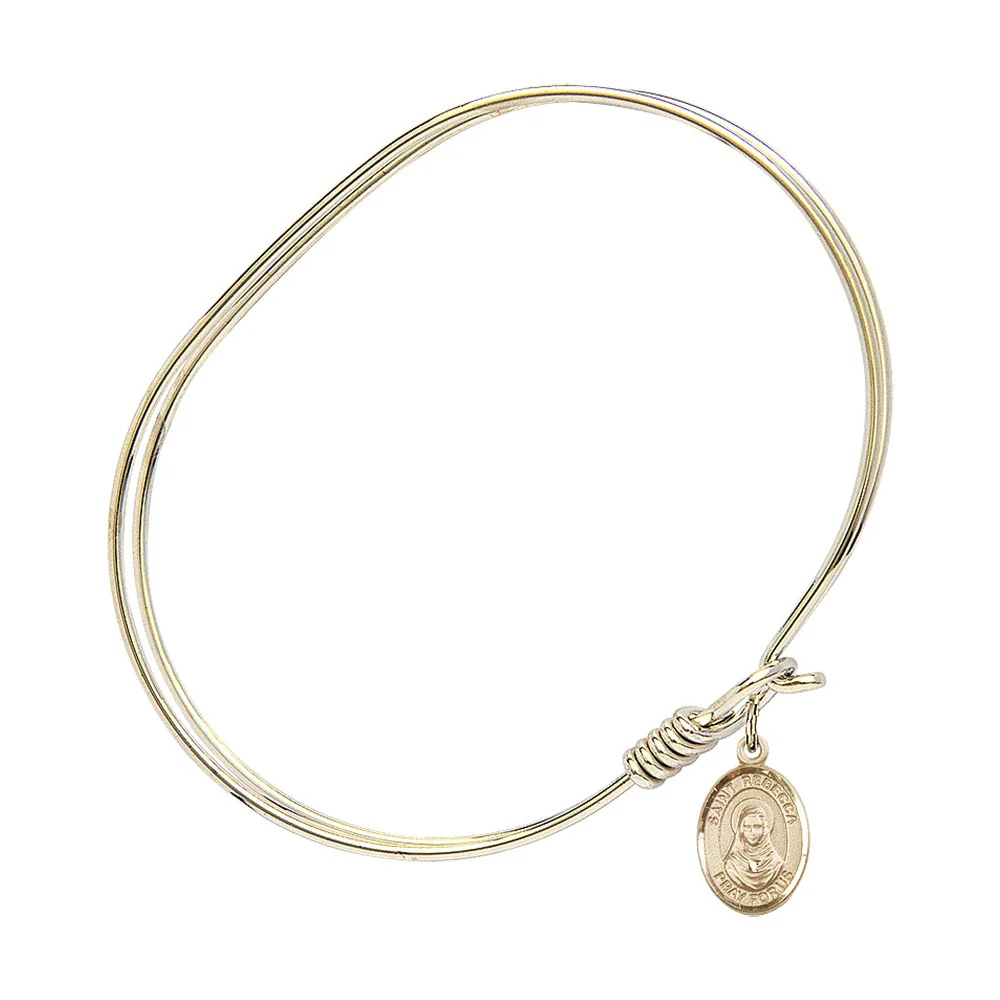 Adult 7" Oval Gold Plated Bangle Bracelet with St. Rebecca Medal Charm - Image 2