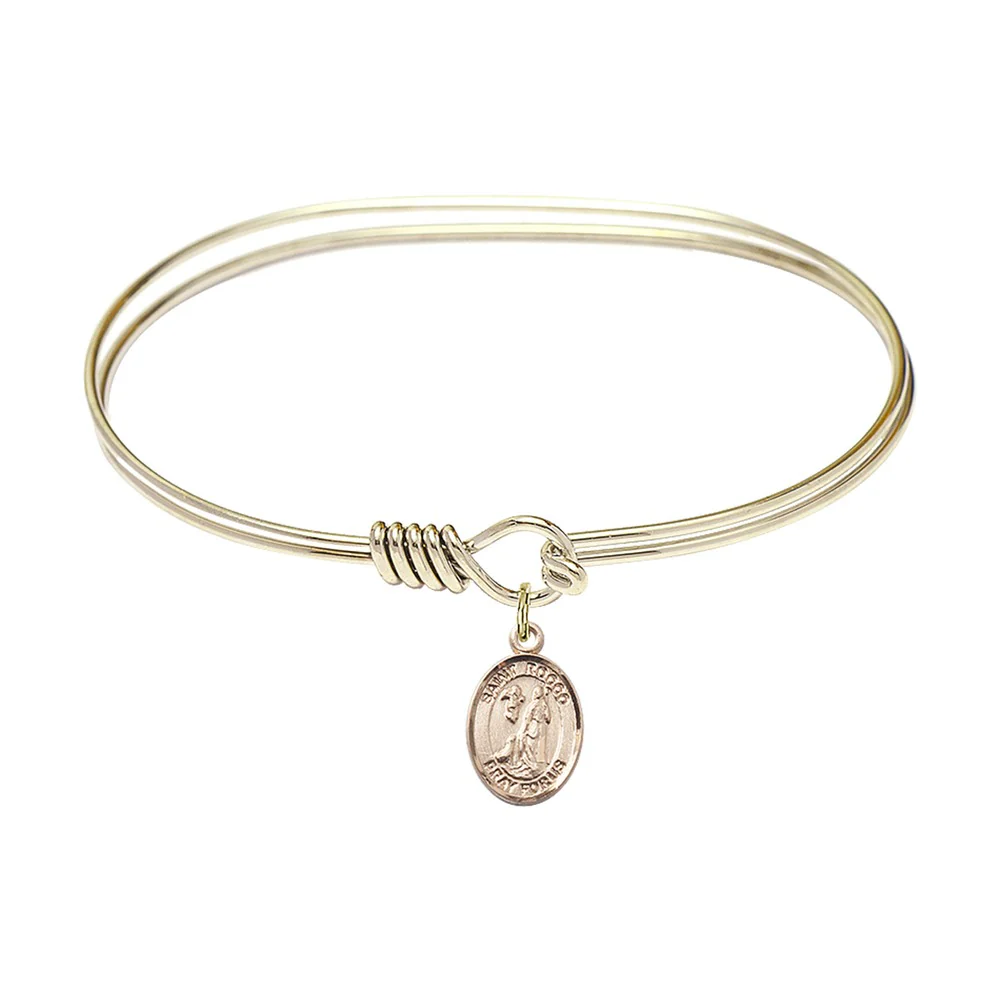 Adult 7" Oval Gold Plated Bangle Bracelet with St. Rocco Medal Charm