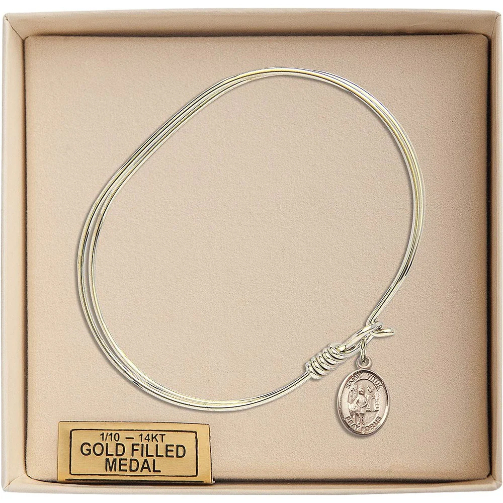 Adult 7" Oval Gold Plated Bangle Bracelet with St. Vitus Medal Charm - Image 3