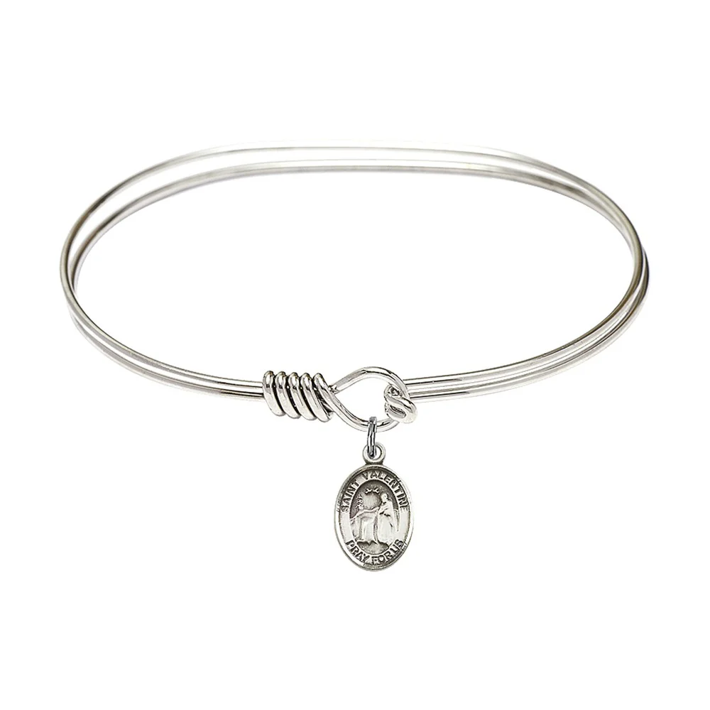 Adult 7" Oval Oval Rhodium Plated Bangle Bracelet with St. Valentine of Rome Medal Charm