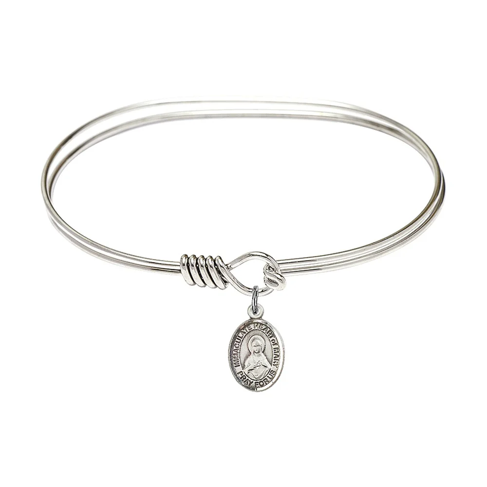 Adult 7" Oval  Rhodium Plated Bangle Bracelet with Immaculate Heart of Mary Charm