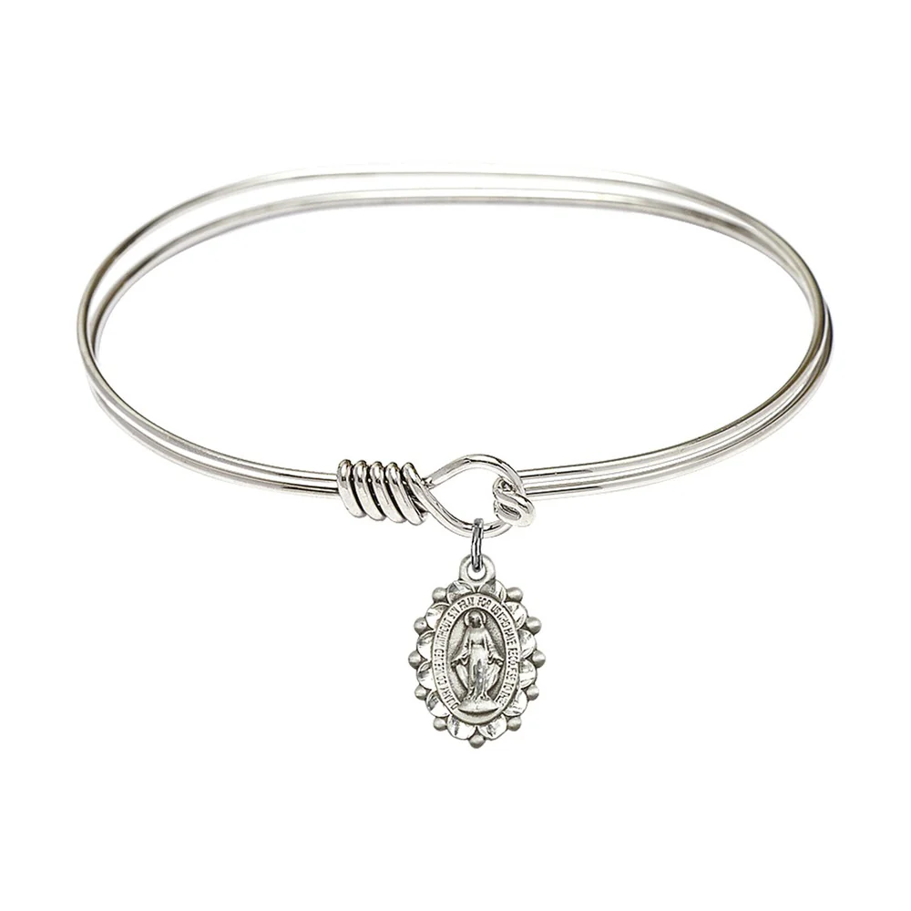 Adult 7" Oval  Rhodium Plated Bangle Bracelet with Miraculous Charm - 2555785