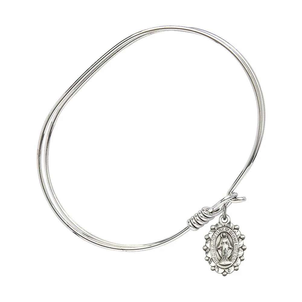 Adult 7" Oval  Rhodium Plated Bangle Bracelet with Miraculous Charm - 2555785 - Image 2