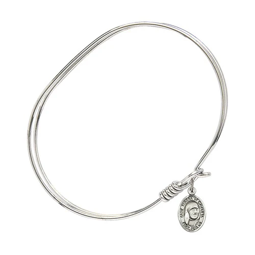 Adult 7" Oval  Rhodium Plated Bangle Bracelet with Saint Teresa of Calcutta Medal Charm - Image 2