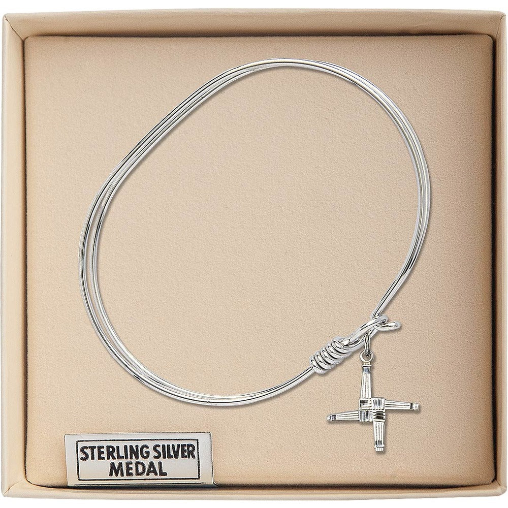 Adult 7" Oval Rhodium Plated Bangle Bracelet with St. Brigid Cross Medal Charm - Image 2