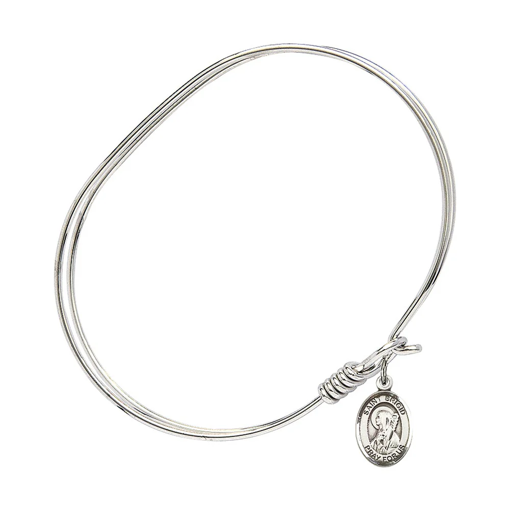Adult 7" Oval  Rhodium Plated Bangle Bracelet with St. Brigid of Ireland Medal Charm - Image 2