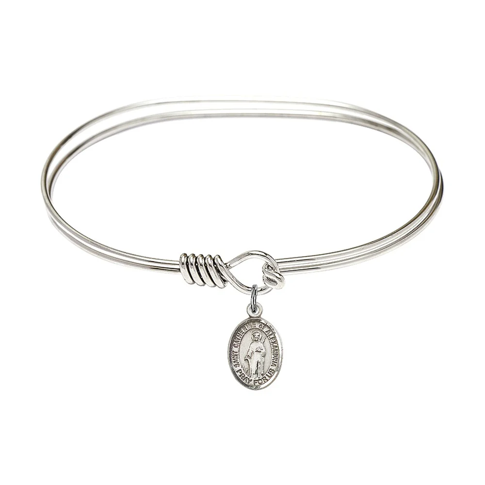 Adult 7" Oval  Rhodium Plated Bangle Bracelet with St. Catherine of Alexandria Medal Charm - Image 2
