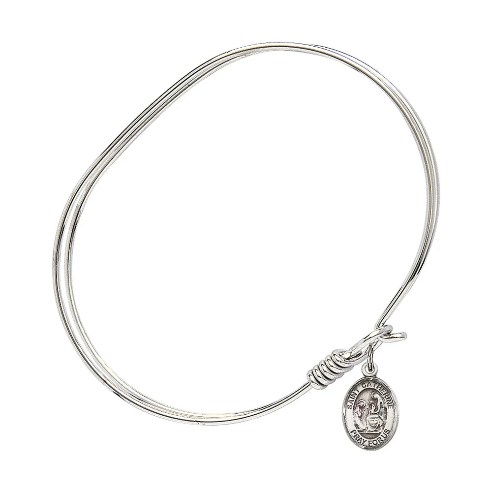 Adult 7" Oval Rhodium Plated Bangle Bracelet with St. Catherine of Siena Medal Charm - Image 2