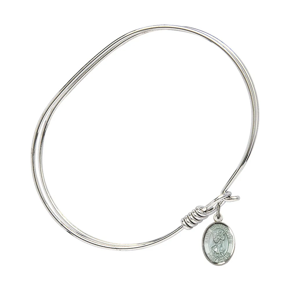 Adult 7" Oval  Rhodium Plated Bangle Bracelet with St. Christopher Medal Charm - Image 2