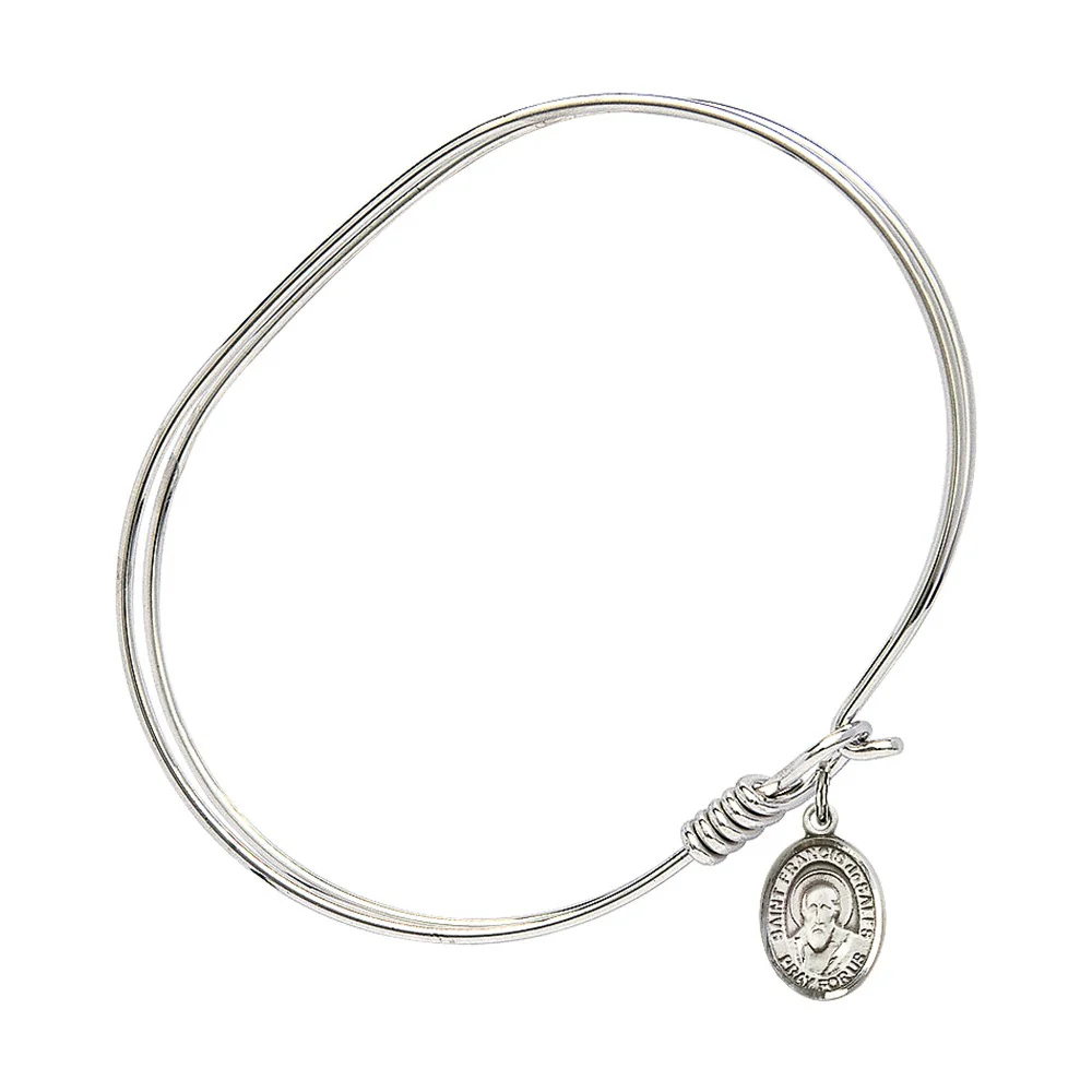 Adult 7" Oval  Rhodium Plated Bangle Bracelet with St. Francis de Sales Medal Charm - Image 2