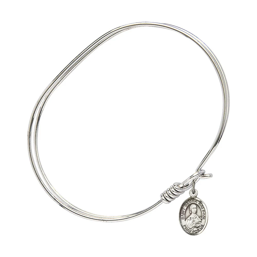 Adult 7" Oval  Rhodium Plated Bangle Bracelet with St. Gemma Galgani Medal Charm - Image 2
