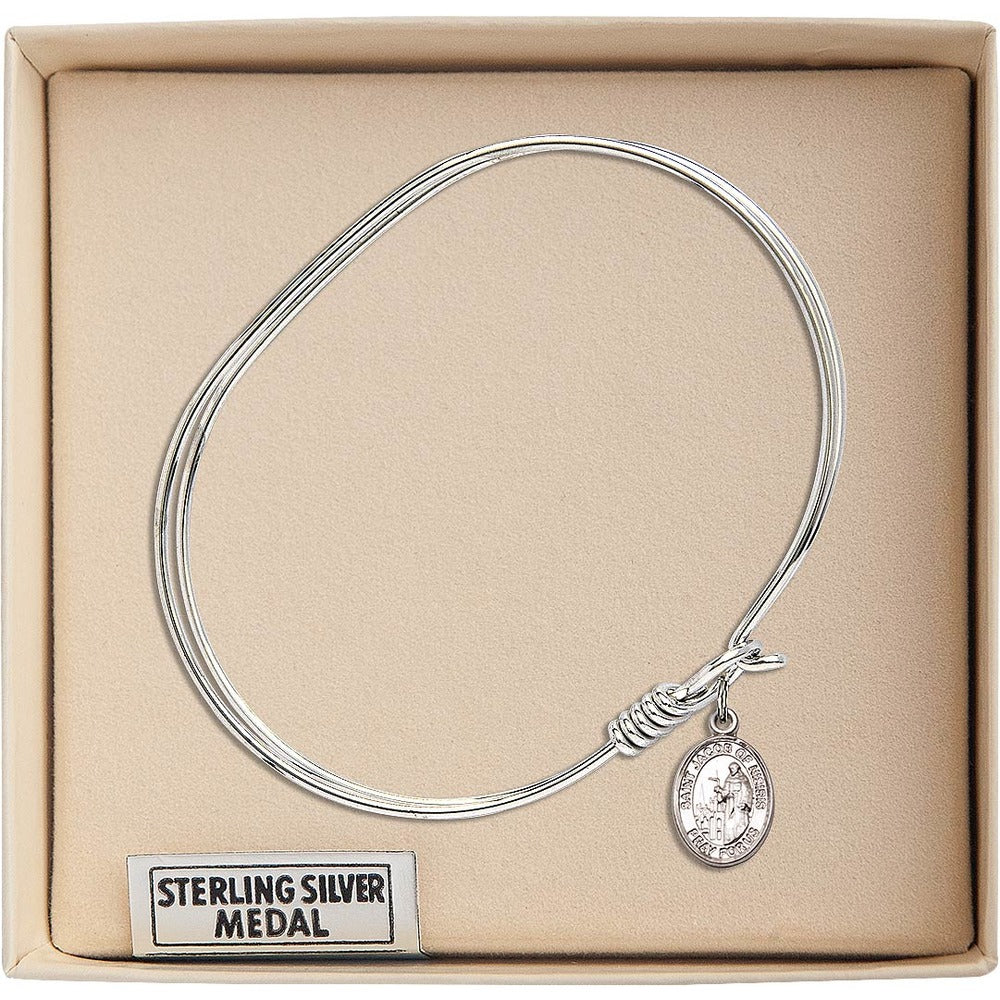 Adult 7" Oval  Rhodium Plated Bangle Bracelet with St. Jacob of Nisibis Medal Charm - Image 3