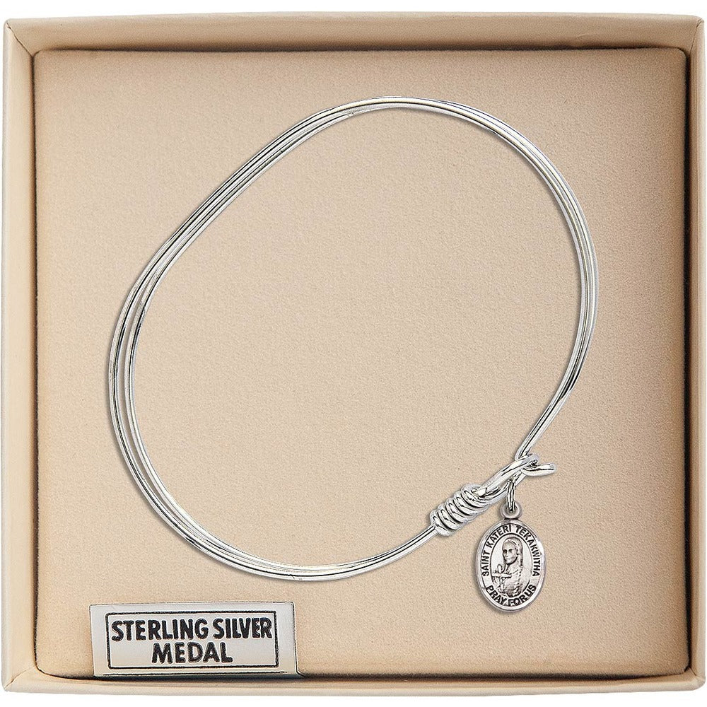 Adult 7" Oval  Rhodium Plated Bangle Bracelet with St. Kateri Tekakwitha Medal Charm - Image 3