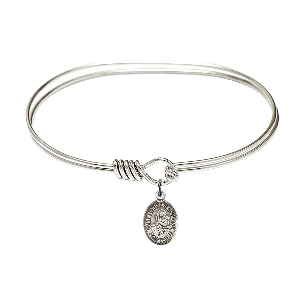 Adult 7" Oval  Rhodium Plated Bangle Bracelet with St. Lidwina of Schiedam Medal Charm
