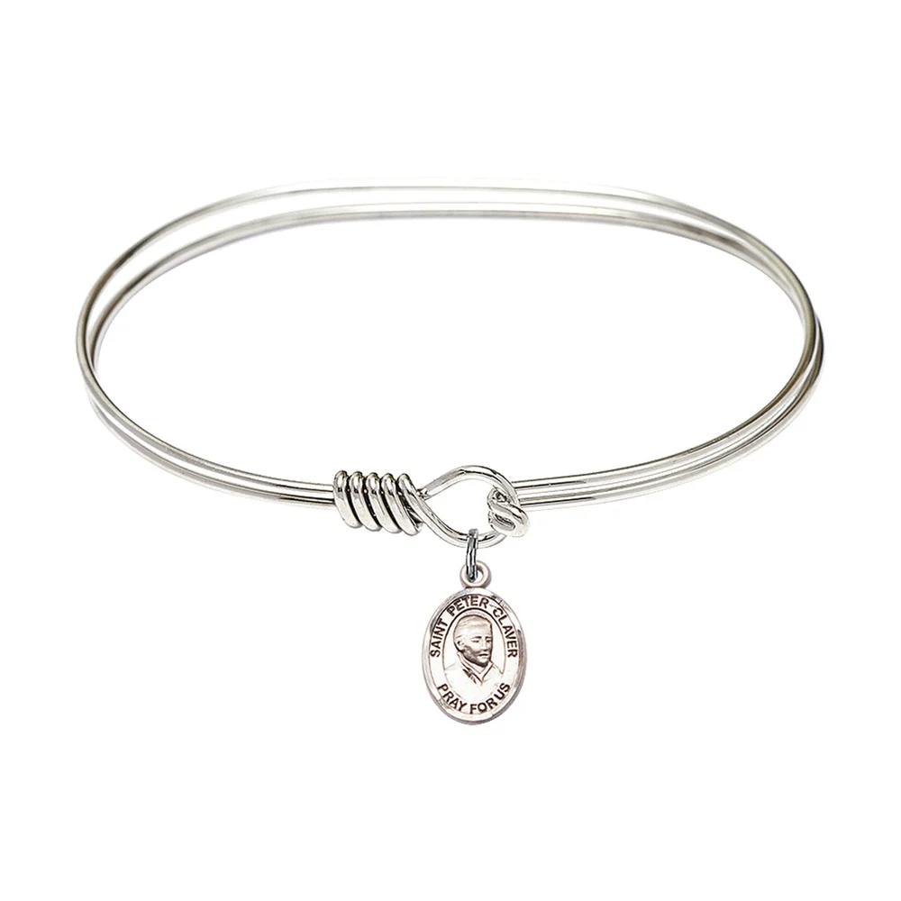 Adult 7" Oval  Rhodium Plated Bangle Bracelet with St. Peter Claver Medal Charm