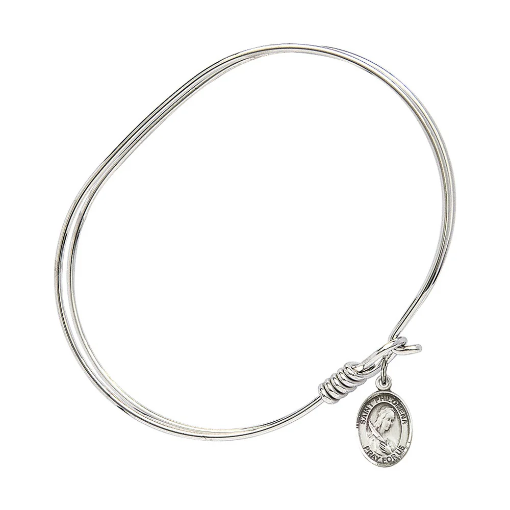 Adult 7" Oval  Rhodium Plated Bangle Bracelet with St. Philomena Medal Charm - Image 2