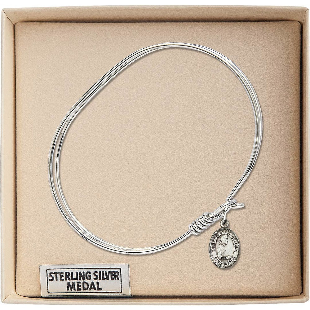 Adult 7" Oval  Rhodium Plated Bangle Bracelet with St. Pio of Pietrelcina Medal Charm - Image 3