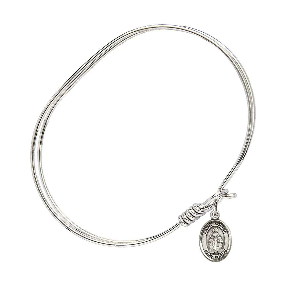 Adult 7" Oval  Rhodium Plated Bangle Bracelet with St. Sophia Medal Charm - Image 2