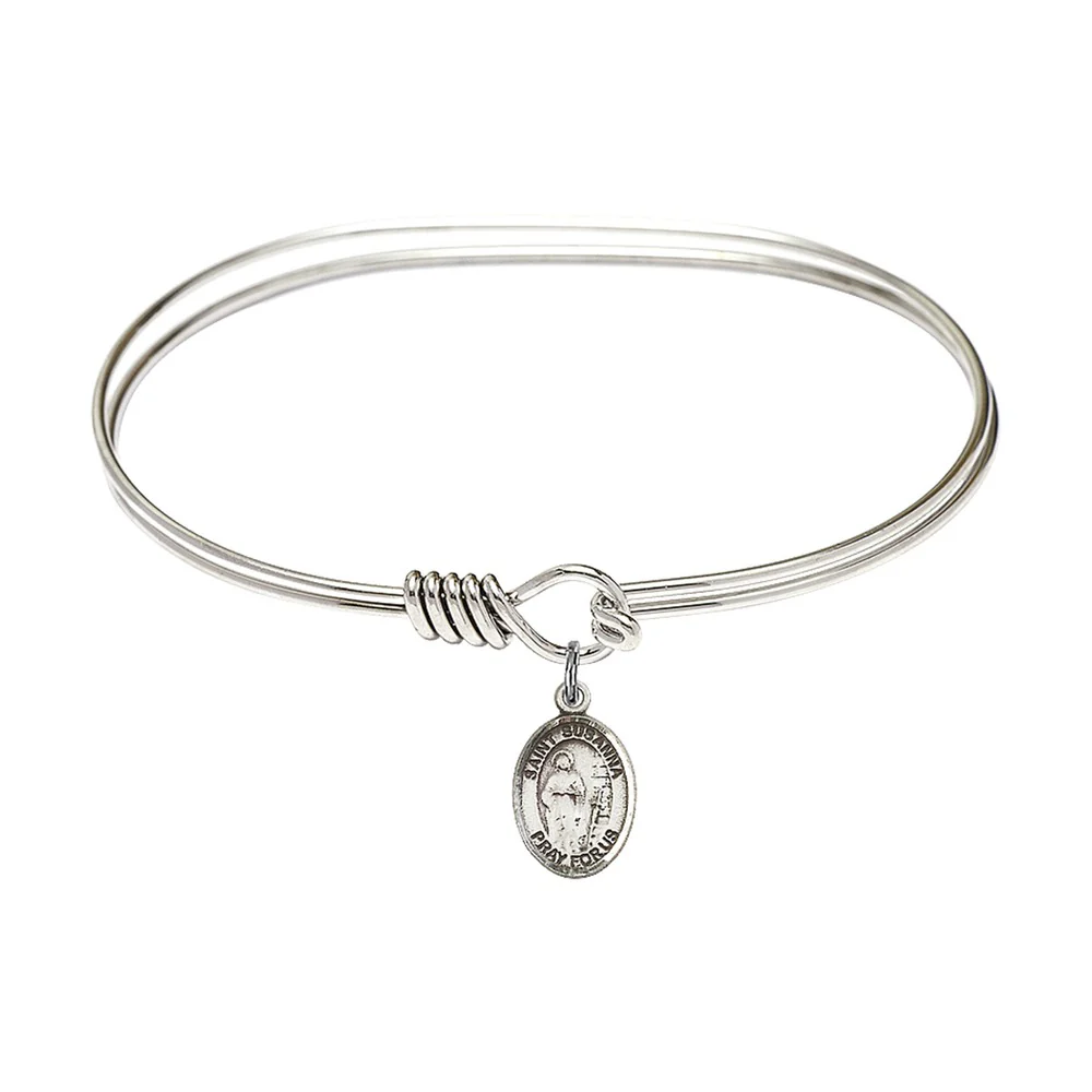 Adult 7" Oval  Rhodium Plated Bangle Bracelet with St. Susanna Medal Charm