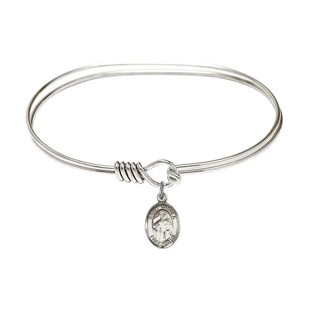 Adult 7" Oval  Rhodium Plated Bangle Bracelet with St. Ursula Medal Charm