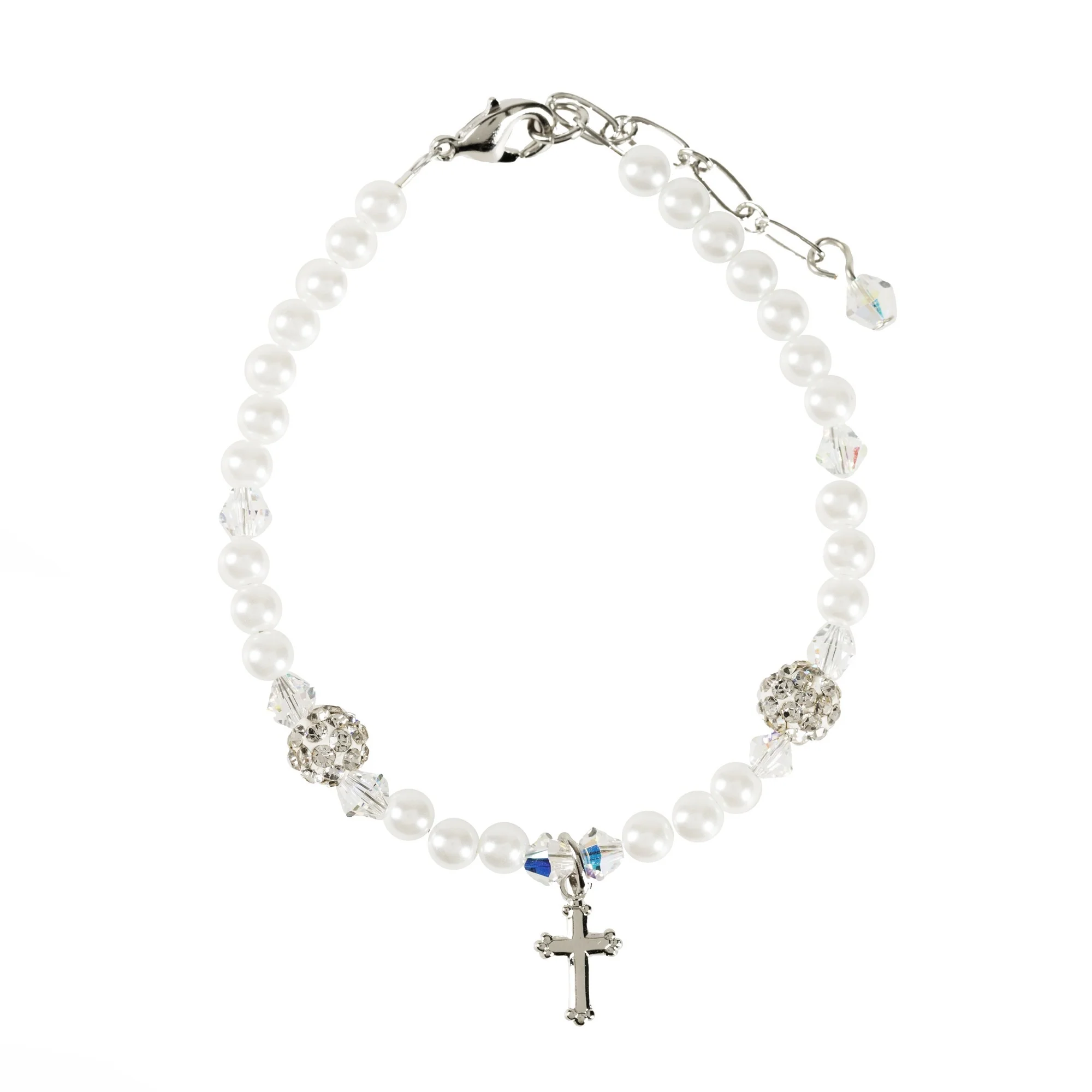 First Communion Cross Bracelet with Glass Pearls and Crystals - Image 2