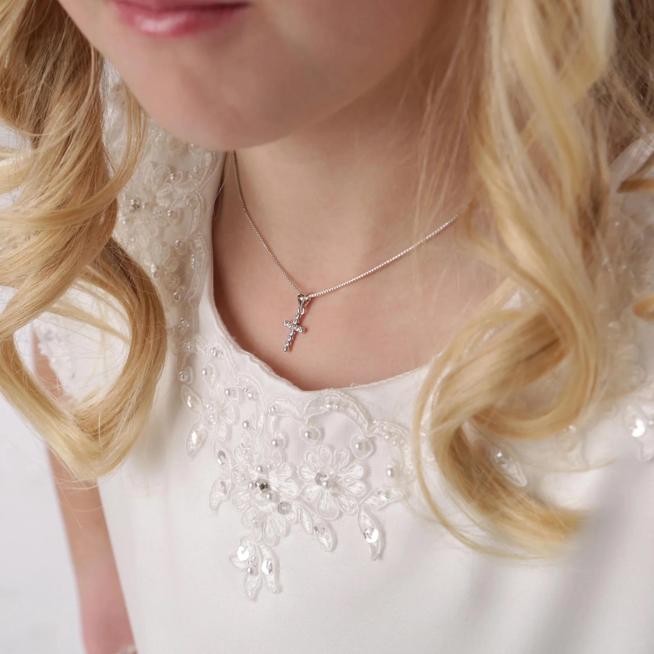 Girl's Sterling Silver & Pink Cubic Zirconia Cross Necklace - 14"
