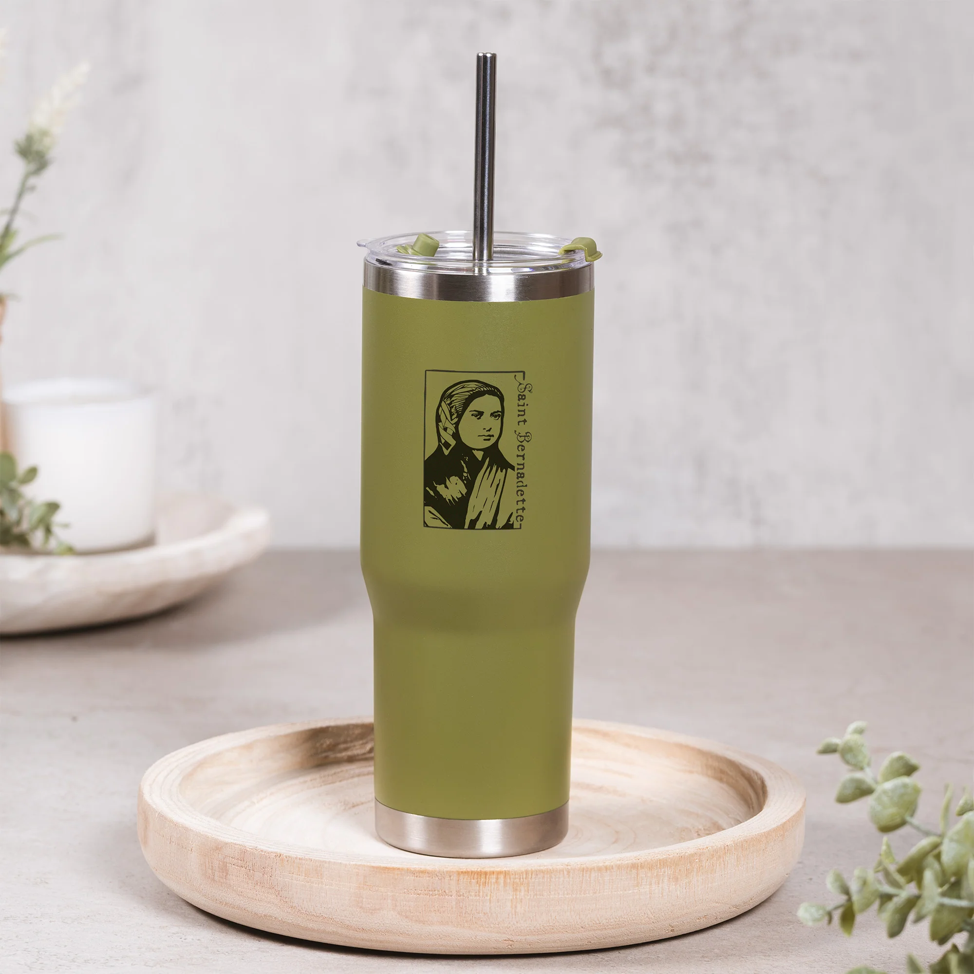 Green St. Bernadette Stainless Steel Tumbler with Straw - Image 3