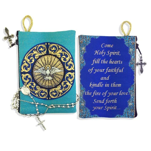 Holy Spirit Glass Window Rosary Pouch in Blue