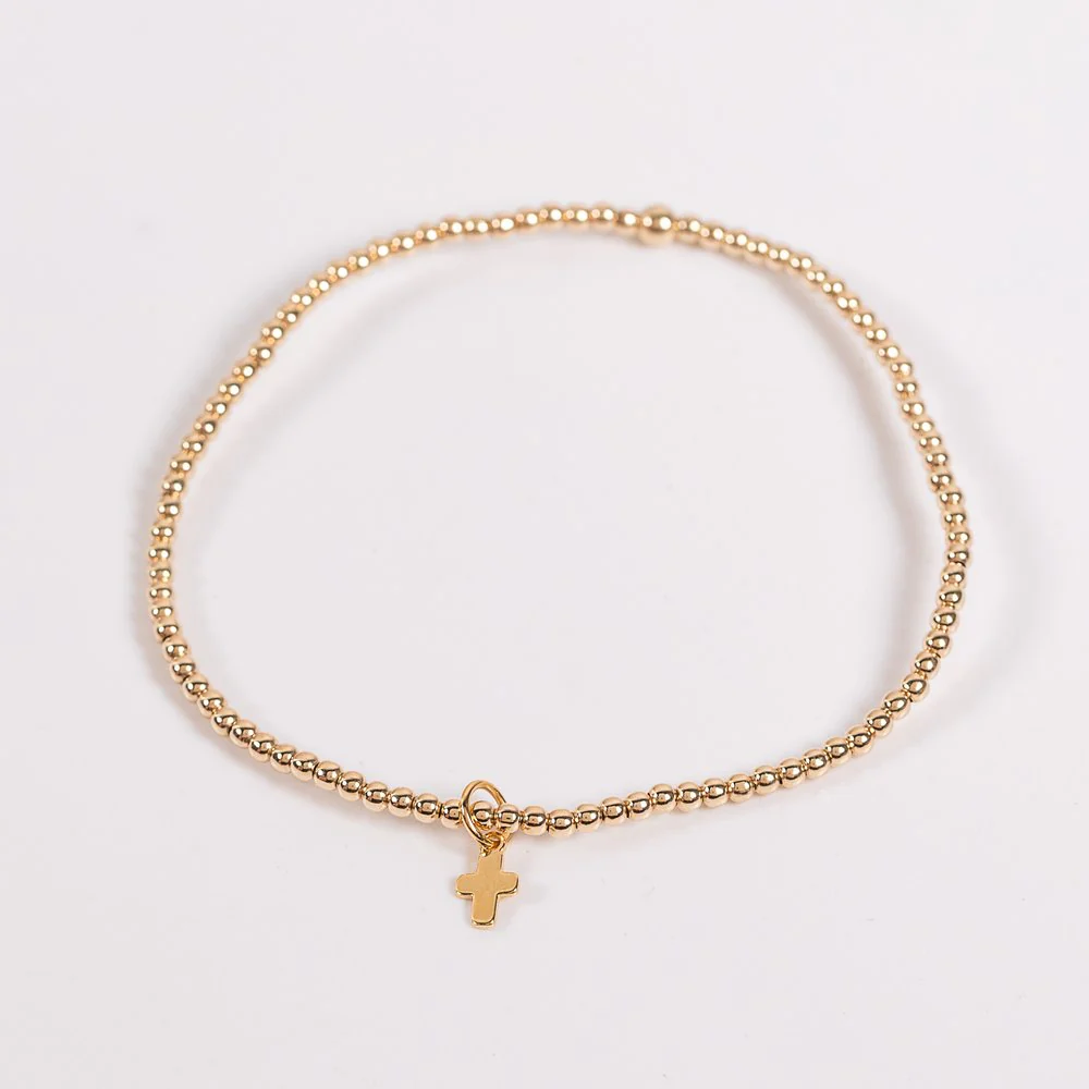 14 KT Gold Filled Mini Cross Charm Beaded Stretch Bracelet - Image 2