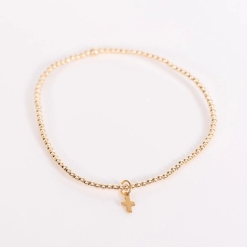 14 KT Gold Filled Mini Cross Charm Beaded Stretch Bracelet - Image 3