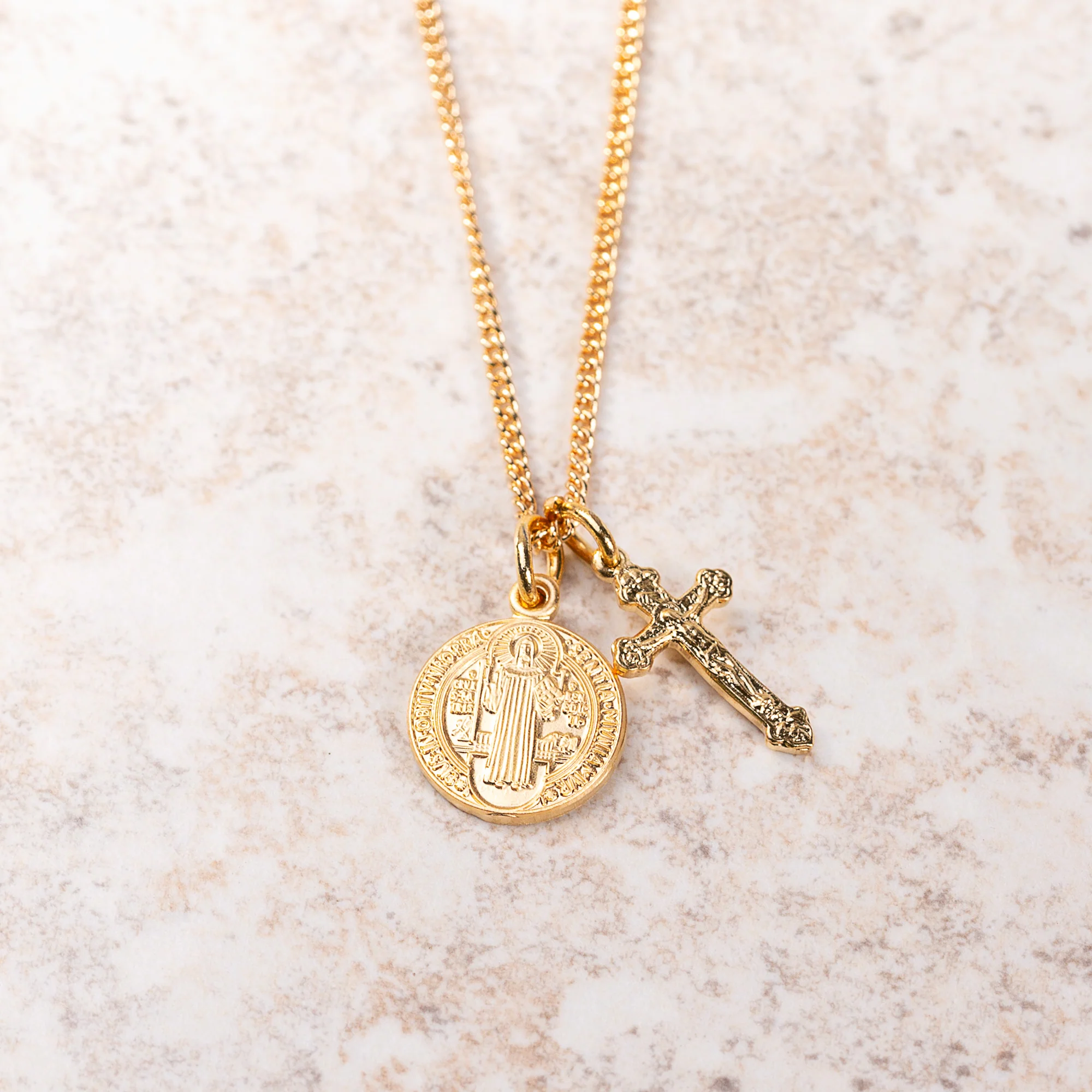 Petite St. Benedict Medal & Crucifix Necklace - Gold or Silver