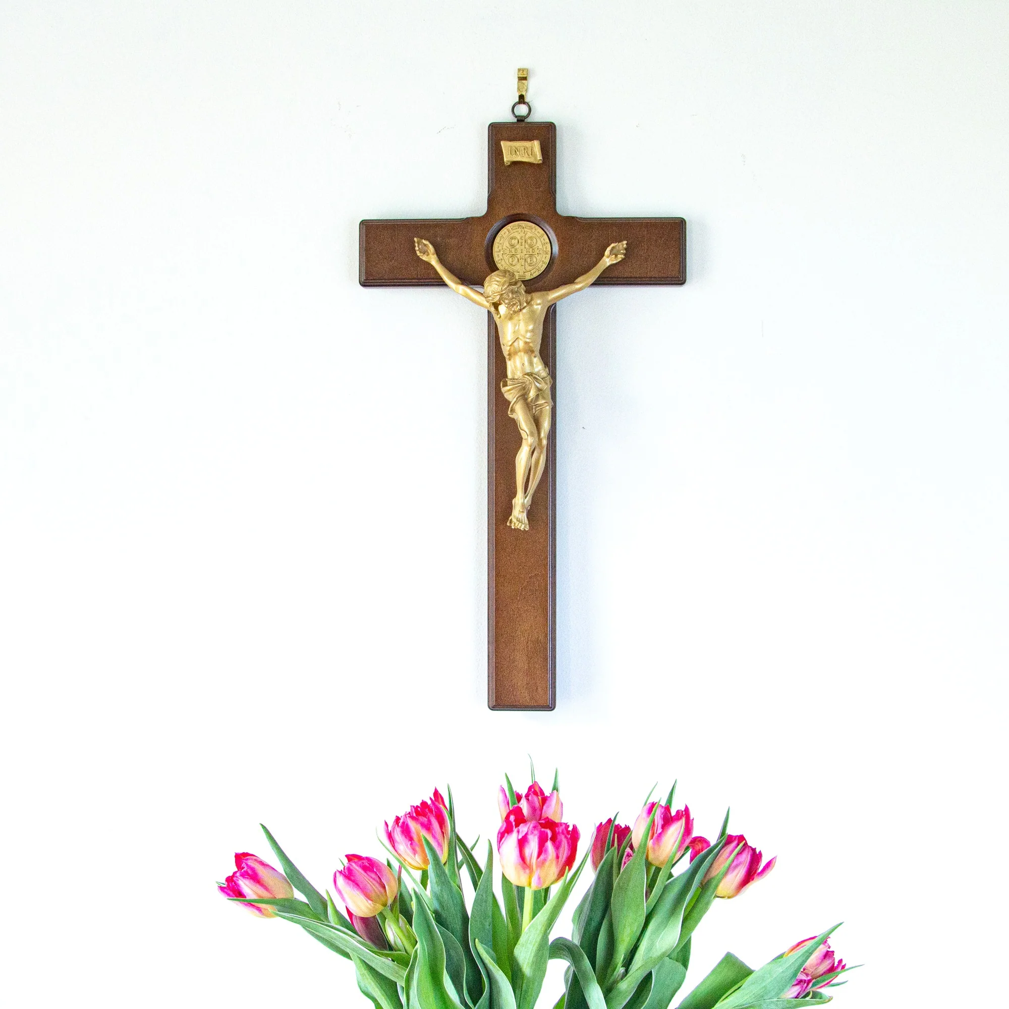 St. Benedict Wood Crucifix with Gold Corpus - 18.5"