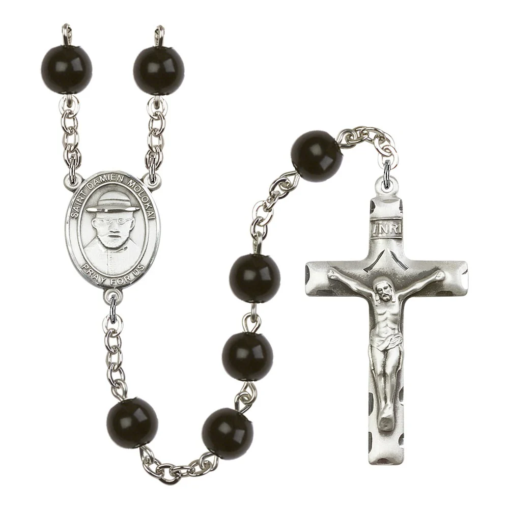 St. Damien Of Molokai 7mm Black Onyx Rosary