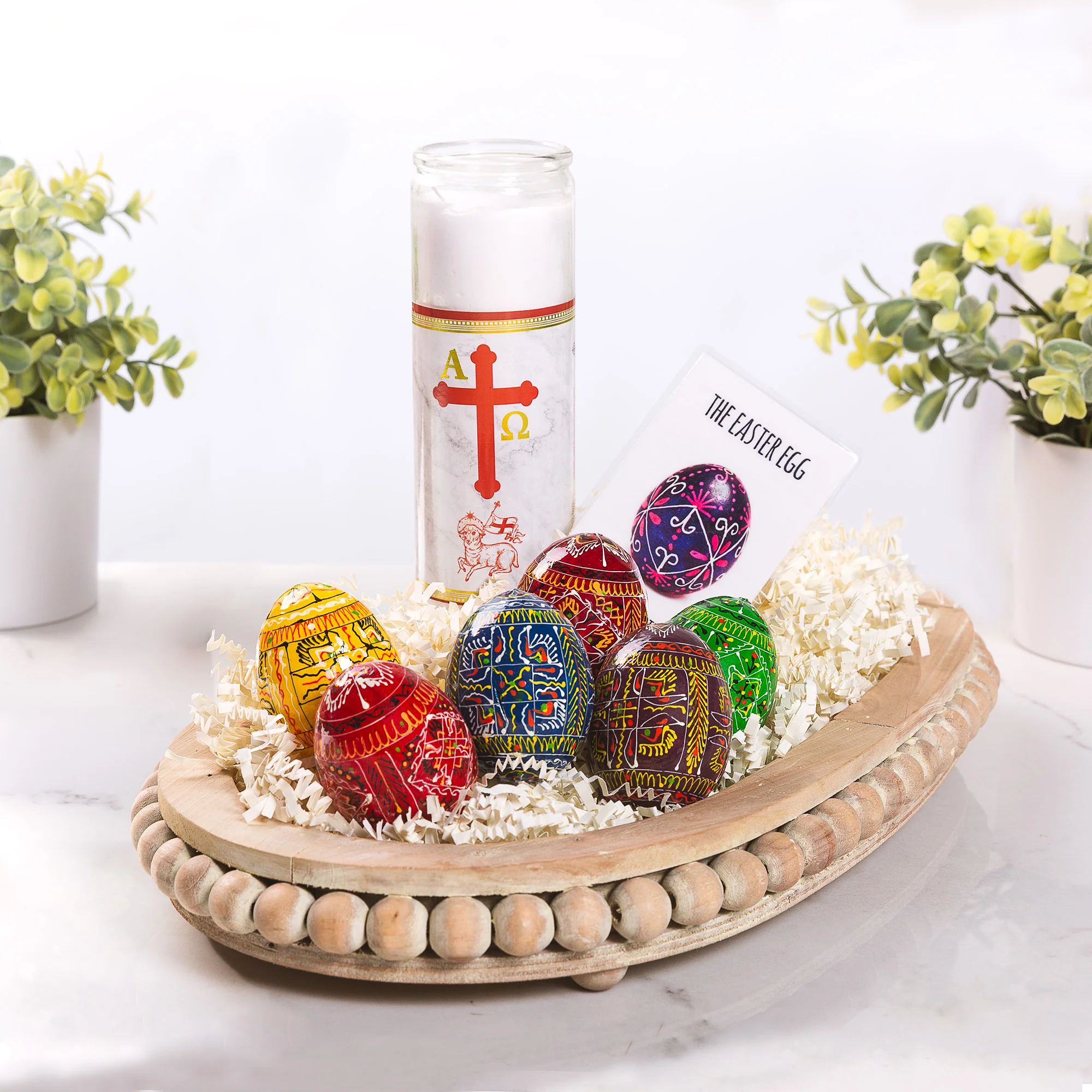 Wooden Easter Eggs - Set of 6  & Alpha & Omega Devotional 3 Day Candle Gift Set